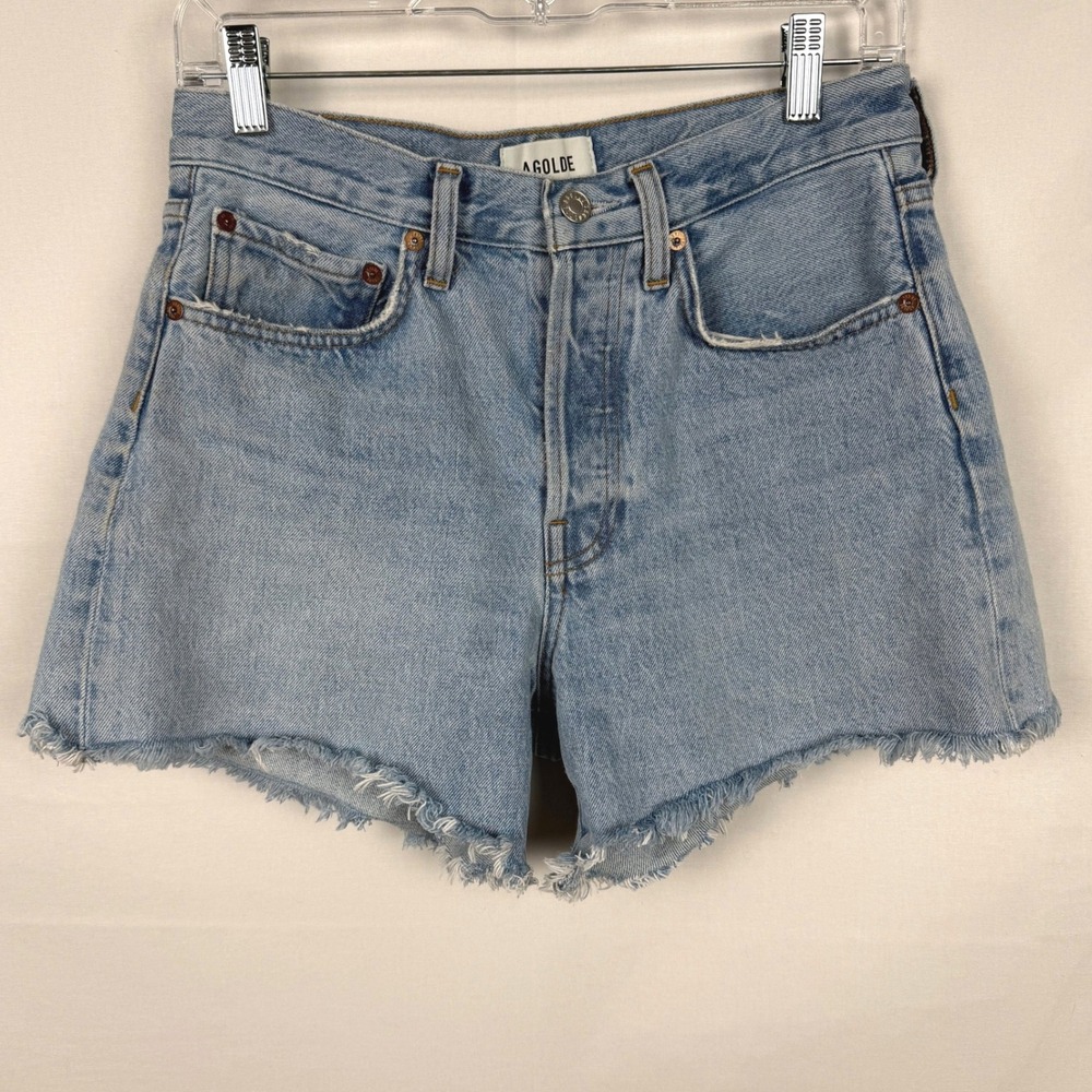 AGOLDE Parker Long High Rise Denim Shorts 26 Light Wash Frayed Hem